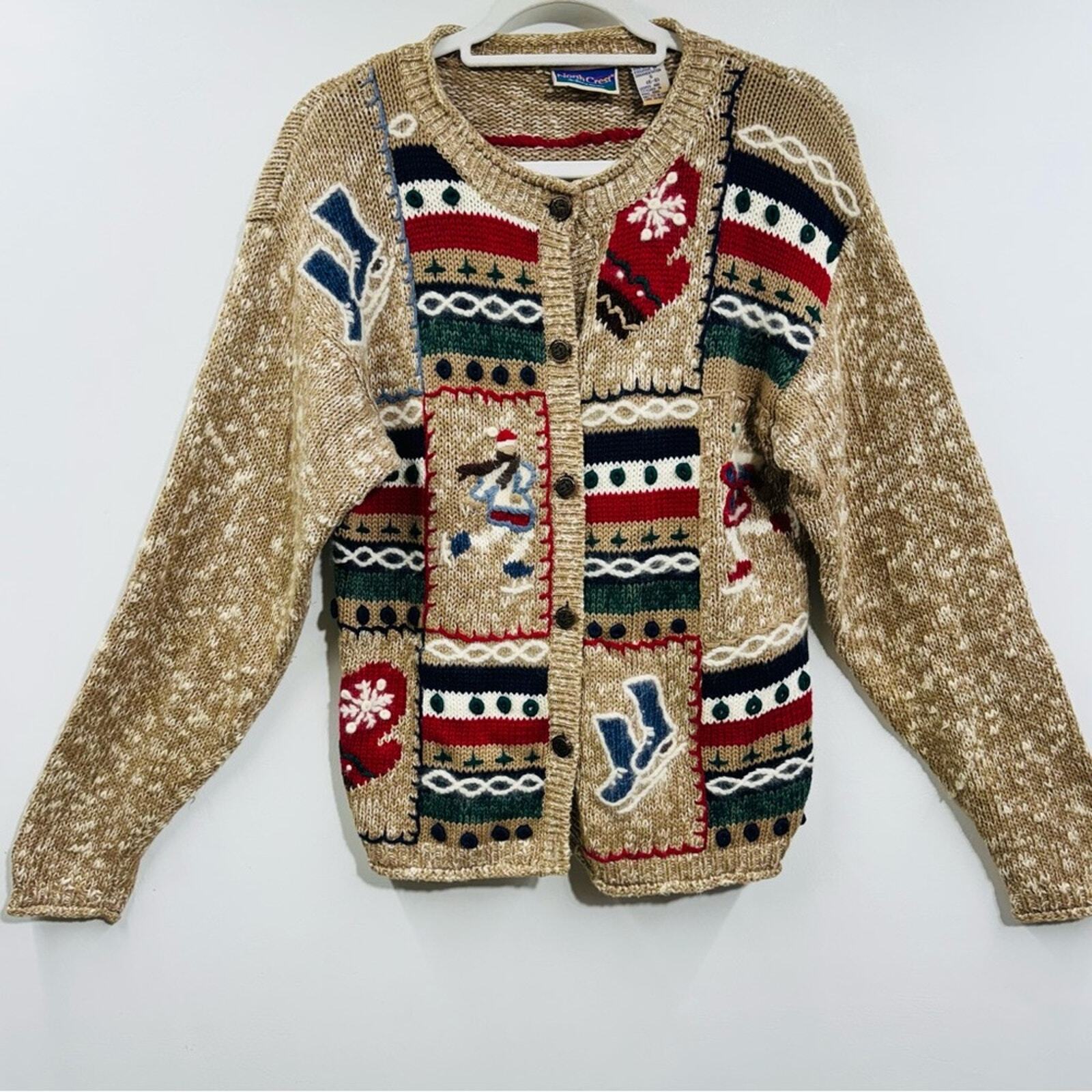 Vintage Chunky Knit Tan Cardigan Sweater Winter Ice Skating Button Front Size S-image