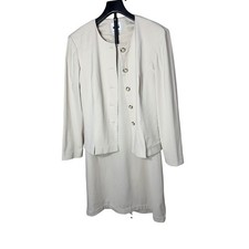 Leslie Fay Womens Beige Cream 2 Piece Dress Blazer Set Size 14 Career Suit