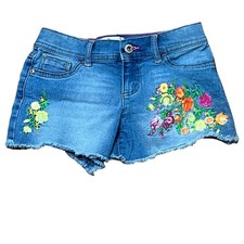 Vintage Jordache Denim Cut Off Jean Short Girls 8 Neon Floral Embroidery Stretch