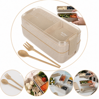 Lunchbox 750Ml Mit Besteck Brotdose Bento Box 2 FäCher Weizenstroh Beige