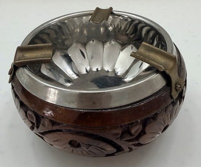 Vintage Carved Wood w/Metal Bowl Insert Ashtray - 5.5  X 3  - Floral Design