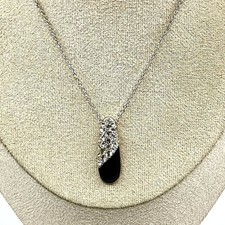 Vintage Retro Silver Tone Black Enamel Rhinestone Teardrop Pendant Necklace Y2K