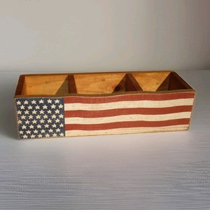 Americana Flag Wooden Farmhouse Utensil Holder Caddy Storage Box 3 Compartments
