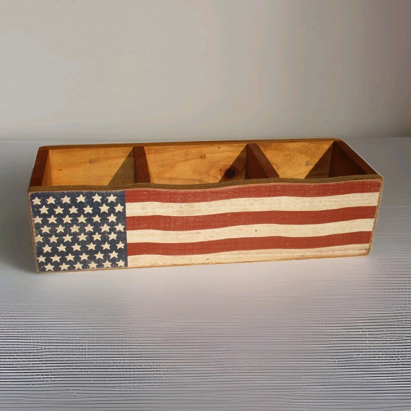 Americana Flag Wooden Farmhouse Utensil Holder Caddy Storage Box 3 Compartments