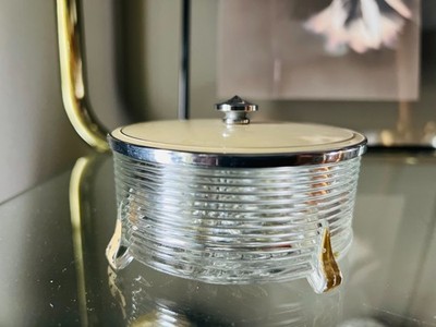 VTG Art Deco Glass Ribbed Powder Trinket Box Metal Lid Footed Swirl Design Beige