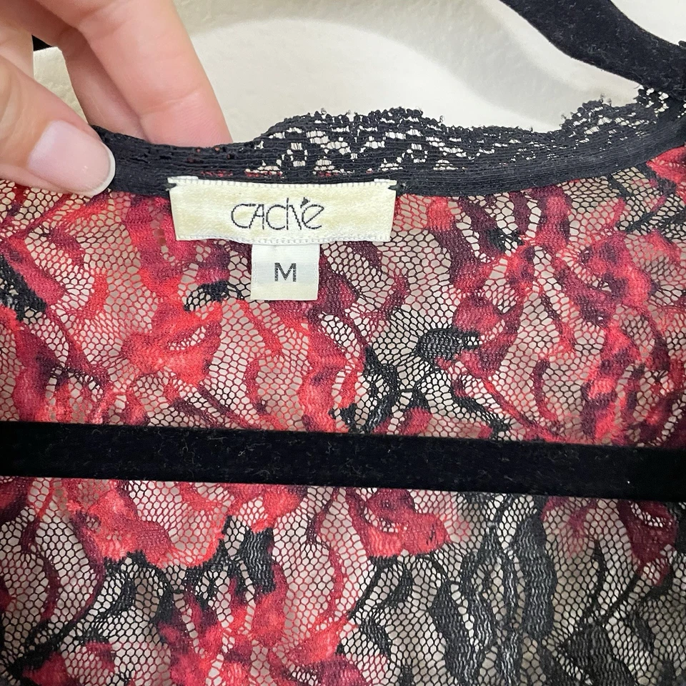 Caché Vintage Red Floral Lace Sexy Goth Long Bell Sleeves Sweetheart Top Size M - Image 2 of 4