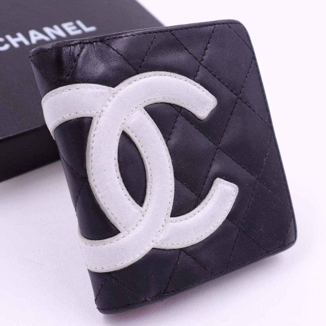 Chanel Cambon Bifold Wallet Black Pink Leather Coin Pocket Pre-Owned