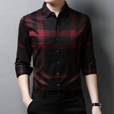 Camisa Ajustada De Seda De Hombres Ropa De Vestir Manga Larga A Cuadros Elegant