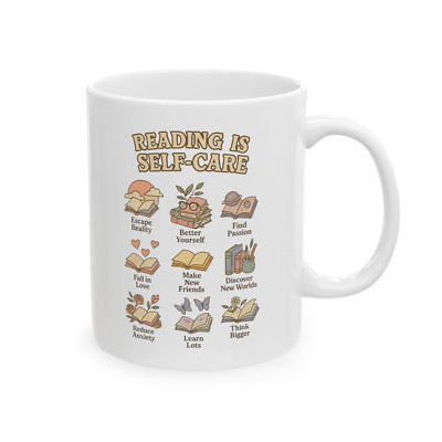 Reading Is Self Care Mug Book Lover Coffee Cup with Cute Motivational Icons