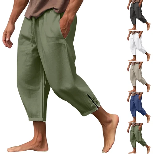 Men's Summer Cotton Linen Drawstring 3/4 Length Pants Casual Baggy Capri Shorts - Bild 2 von 39