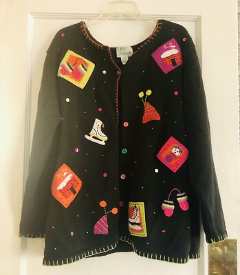 The Quacker Factory Christmas Winter Cardigan Sweater Knit Ice Skates needTLC 1X