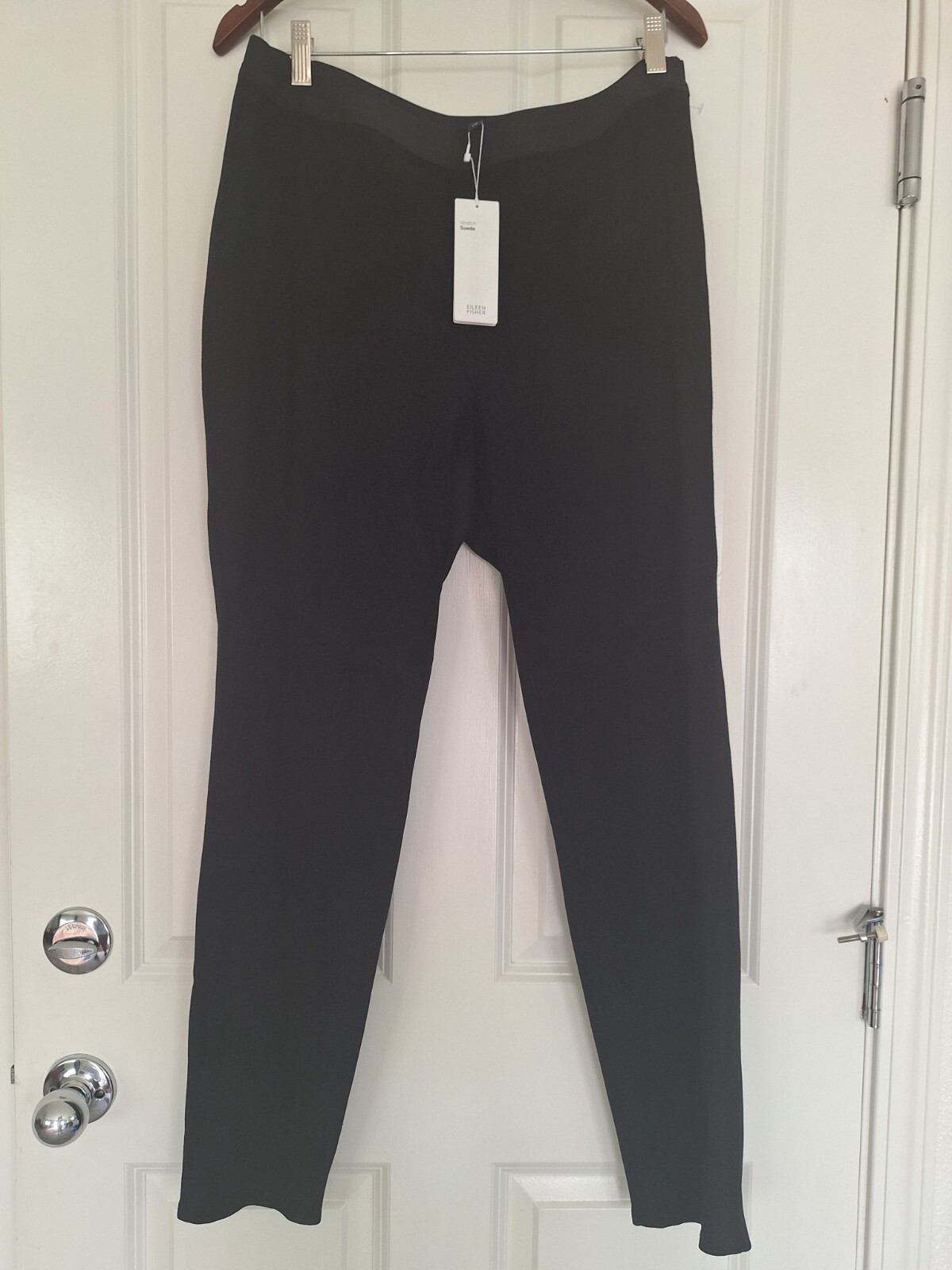 Eileen Fisher 100% Leather Front Panel Slim Pull On Ponte Pant Black Size Large