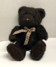 A A Plush Stuffed Animal Toy Teddy Bear Dark Brown 12 in Tall Seated Plaid Bow