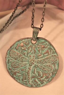 Handsome Etch Detailed Verdigris Dragonfly Round Brasstone Pendant Necklace