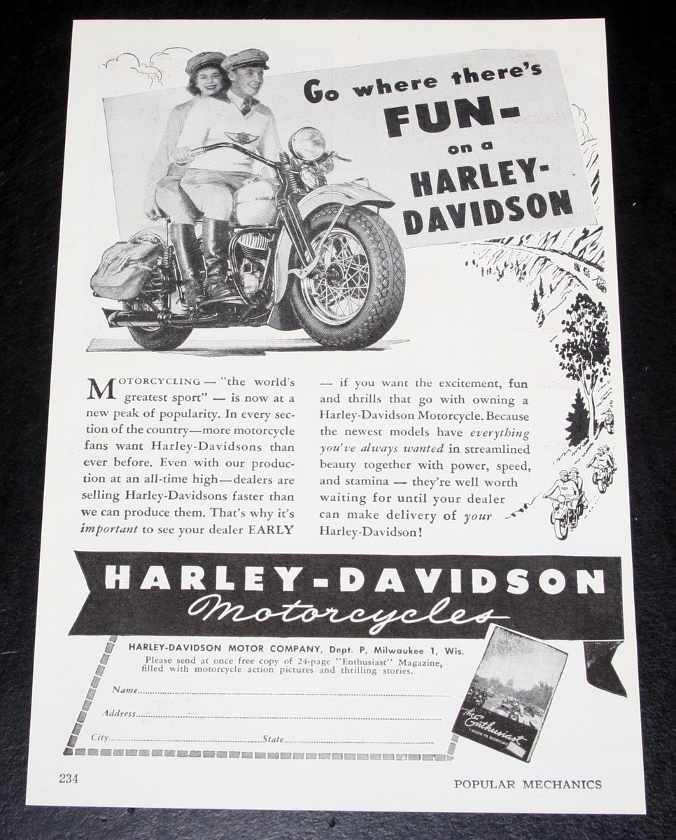 1946 OLD MAGAZINE PRINT AD, HARLEY-DAVIDSON MOTORCYCLES, GO WHERE