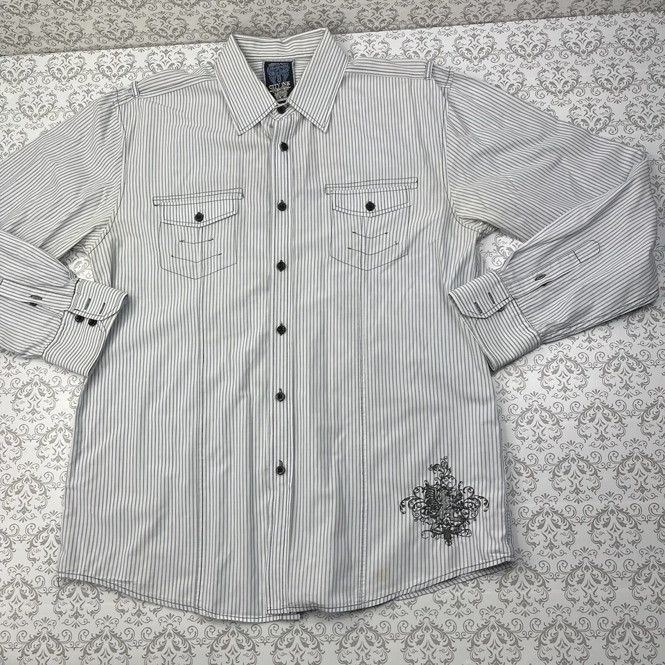 City Ink Castel Betrano Striped Button Up Big Crest Back Logo Shirt Men’s XL - Image 4 of 4