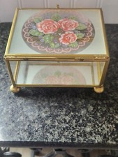 Vintage Brass Glass Mirror Floral Jewelry/ Trinket Box