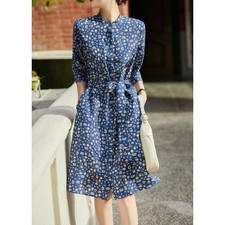 Women Real Silk 3/4 Sleeve Floral Print Mid Long Shirt Dress Stand collar Summer