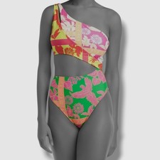 Bar III Women's Green One-Shoulder Cut-Out One-Piece Swimsuit Size S