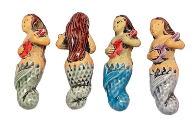 Mermaids or Sirens, Pendants or Beads, 4 Pcs, Ceramic, Hand Painted, Peru, 1.5''