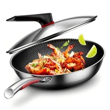 MEGOO 12 inch Stainless Steel nonstick wok with lid | Honeycomb wok & stir-fry