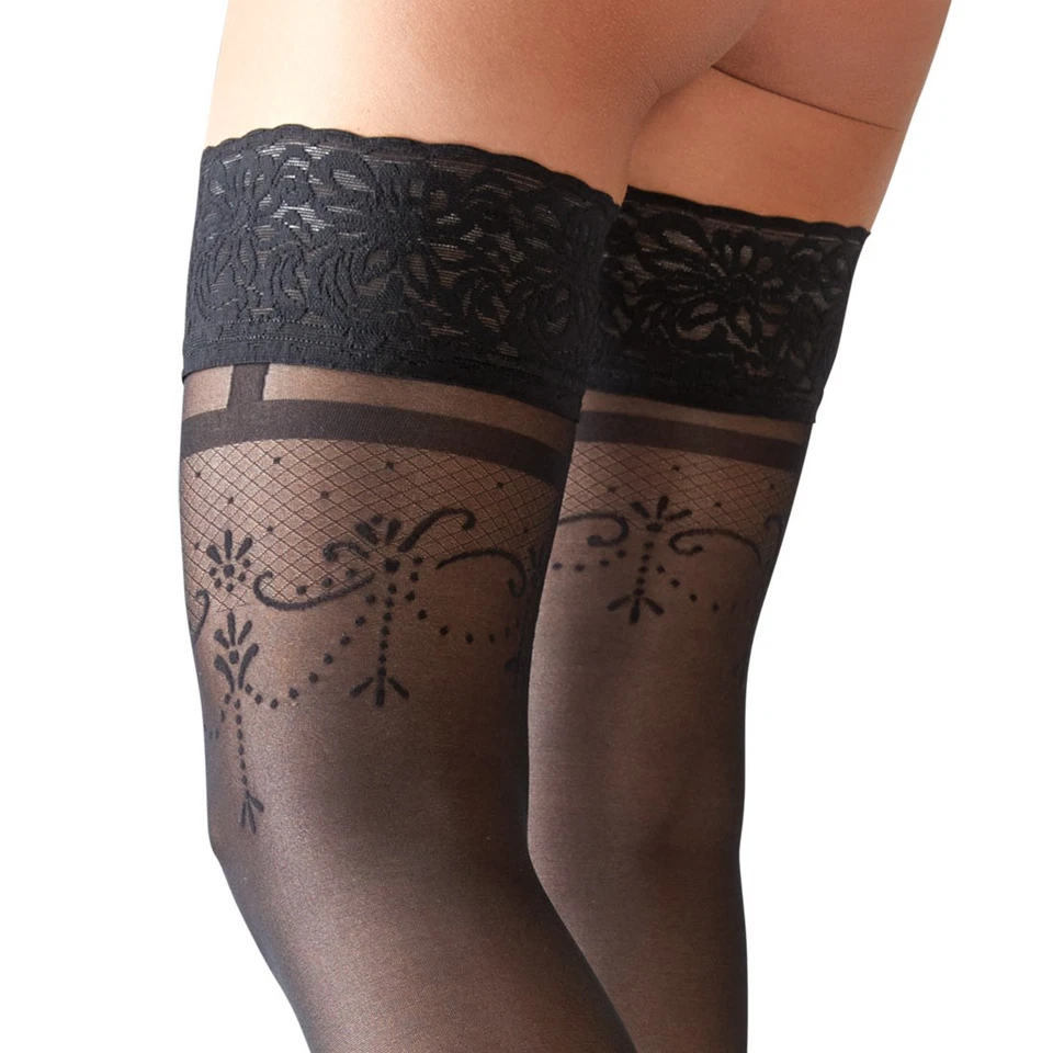 Halterlose Strümpfe sexy mit Muster schwarz Damen Nylons transparent S-XL Marika - Bild 3 von 4