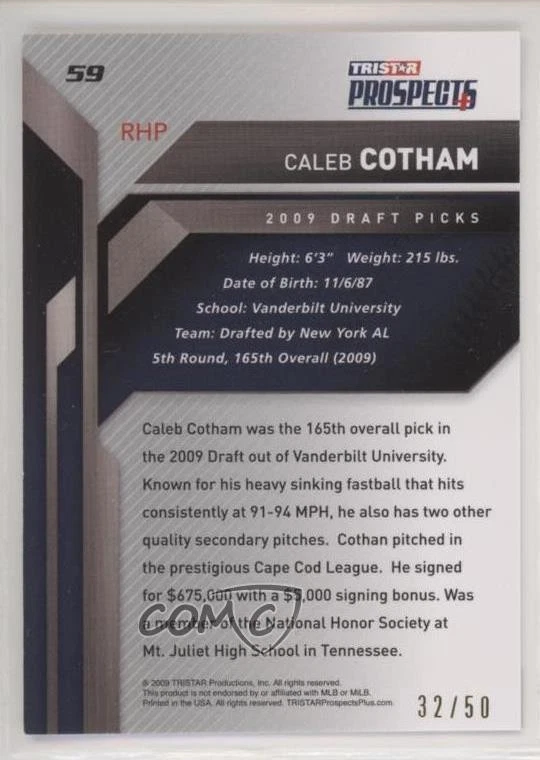 2009 TRISTAR Prospects Plus Gold /50 Caleb Cotham #59 - Image 2 of 2