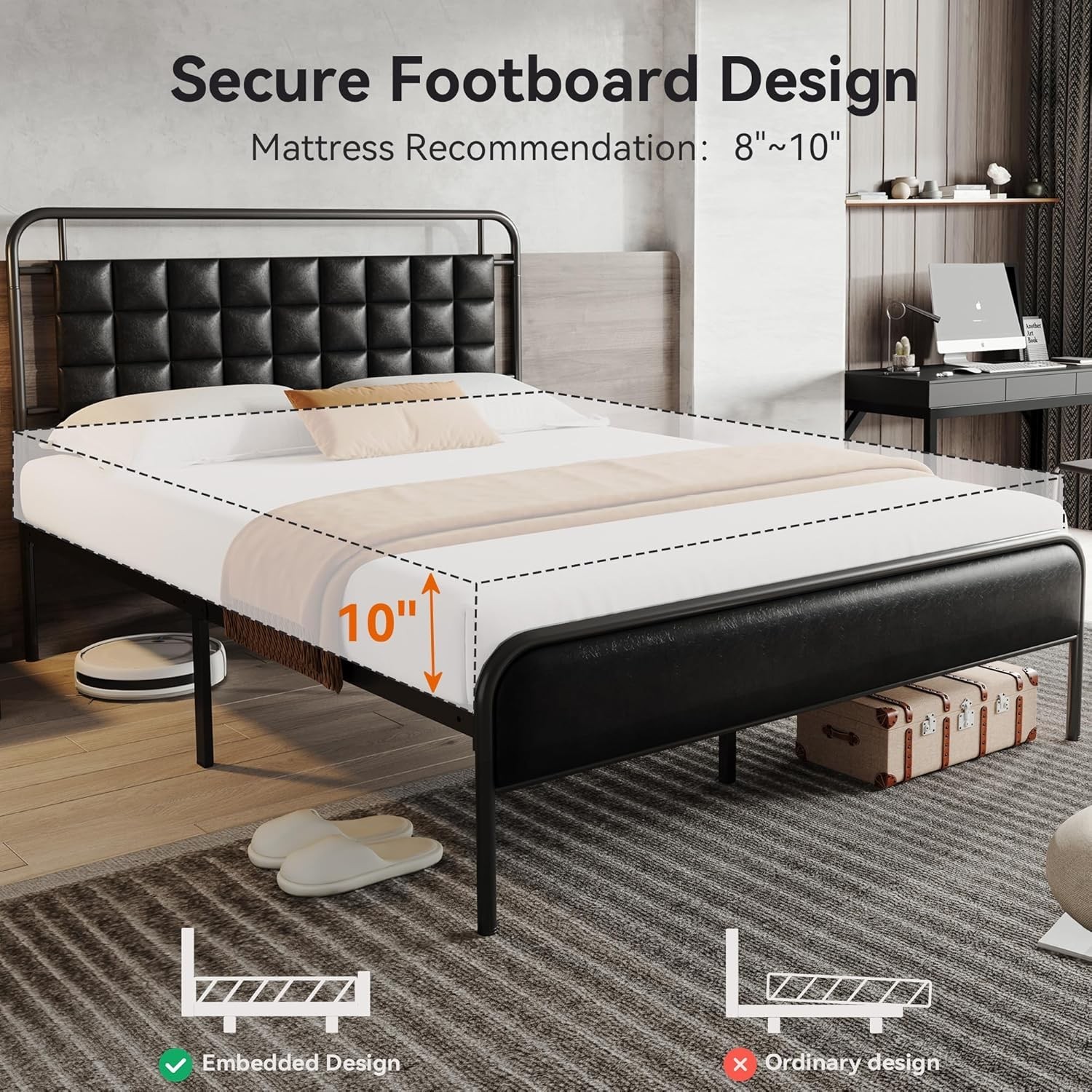 With Upholstered Headboard, 12 Quiet Slats,urban Style Desig