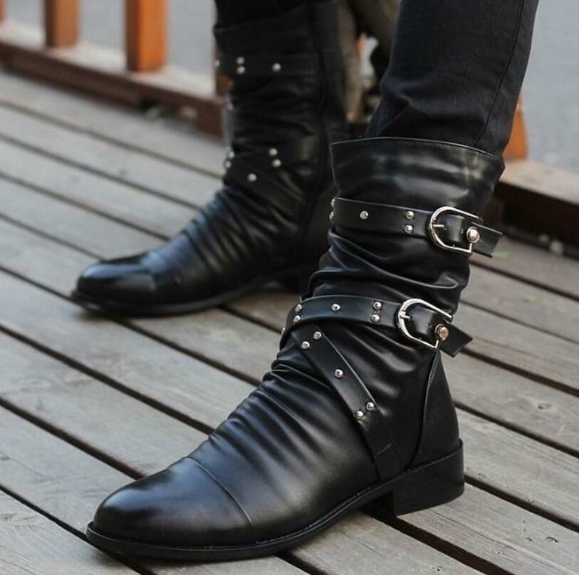 Punk Mens Buckle Mid Calf HIgh Top Boot 