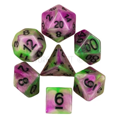 RPG Würfel Set 7-teilig magic purpur grün w4-w20 DND Würfelzeit DSA Warhammer