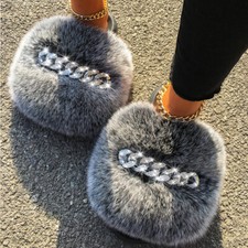 Women's Real Farm Fox Sandals Furry Fur Slippers Flip Flops Diamond Chain Slides