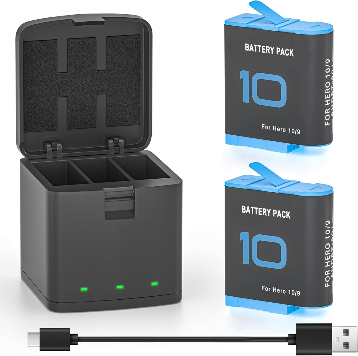 2 Pack Hero 10 Batteries & 3-Channel Battery Charger Station for 