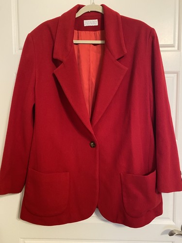 Vtg LAND'S END WOOL / CASHMERE BLEND WOMENS SOLID RED JACKET BLAZER SZ 14 Lined - Picture 7 of 14