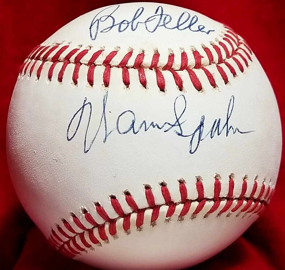 BOB FELLER & WARREN SPAHN Dual Signed ONL Ball HOF vtg Indians Braves Team - Image 2 of 4