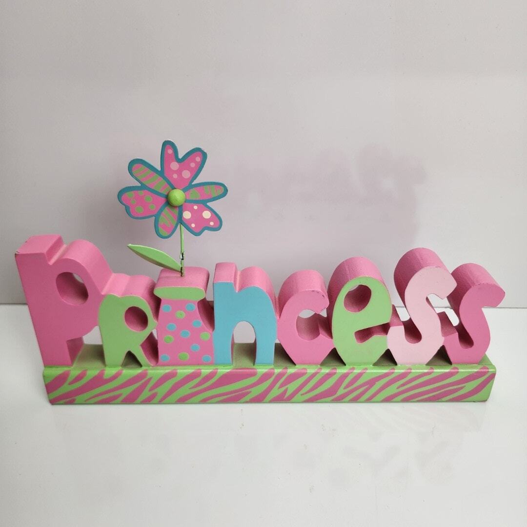 Princess Wood Carved Sign Décor Painted Vibrant Colors Shelf Sitting Design