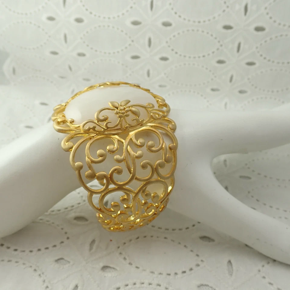 Sheila Fajl 18k Plated Over Brass White Jade Cabochon Huge 7 1/4" Cuff Bracelet - Image 3 of 4