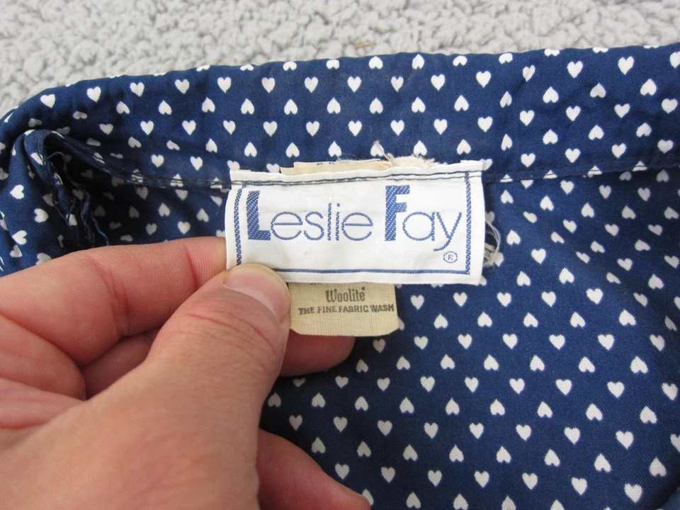 Vintage Leslie Fay Dress Medium Blue Hearts A-Line Midi Shirt Made in USA 80s - Image 4 of 4