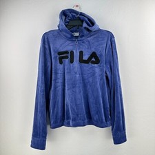 Fila Sweatshirt Women M Blue Black Velvet Hoodie Quarter Zip Stretch Athleticore