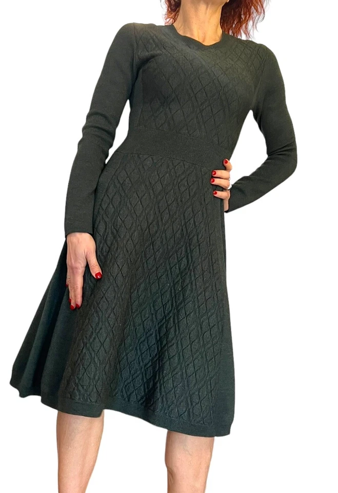 Lela Rose Vintage Crewneck Sweater Dress Green Quilted Wool/ Cashmere/Silk S - Image 4 of 4