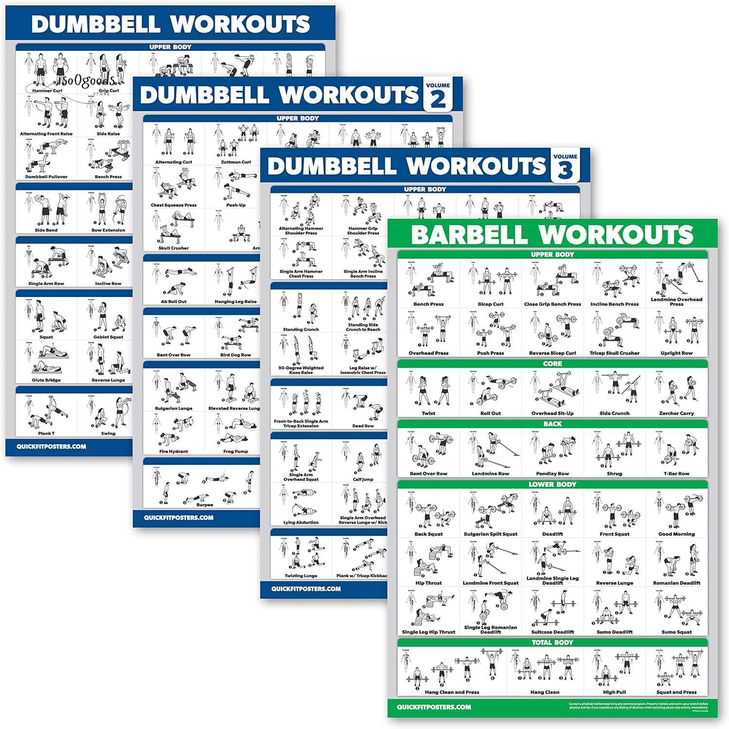 4 Pack - Dumbbell Workout Posters Volume 1, 2 & 3 + Barbell Exercise Chart - Set