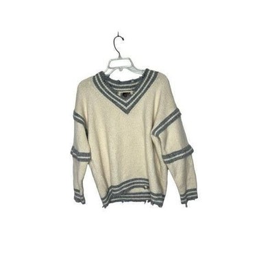 POL Varsity Stripe Ivory Off White Angora Blend Destroyed Hem V-Neck Sweater. SM