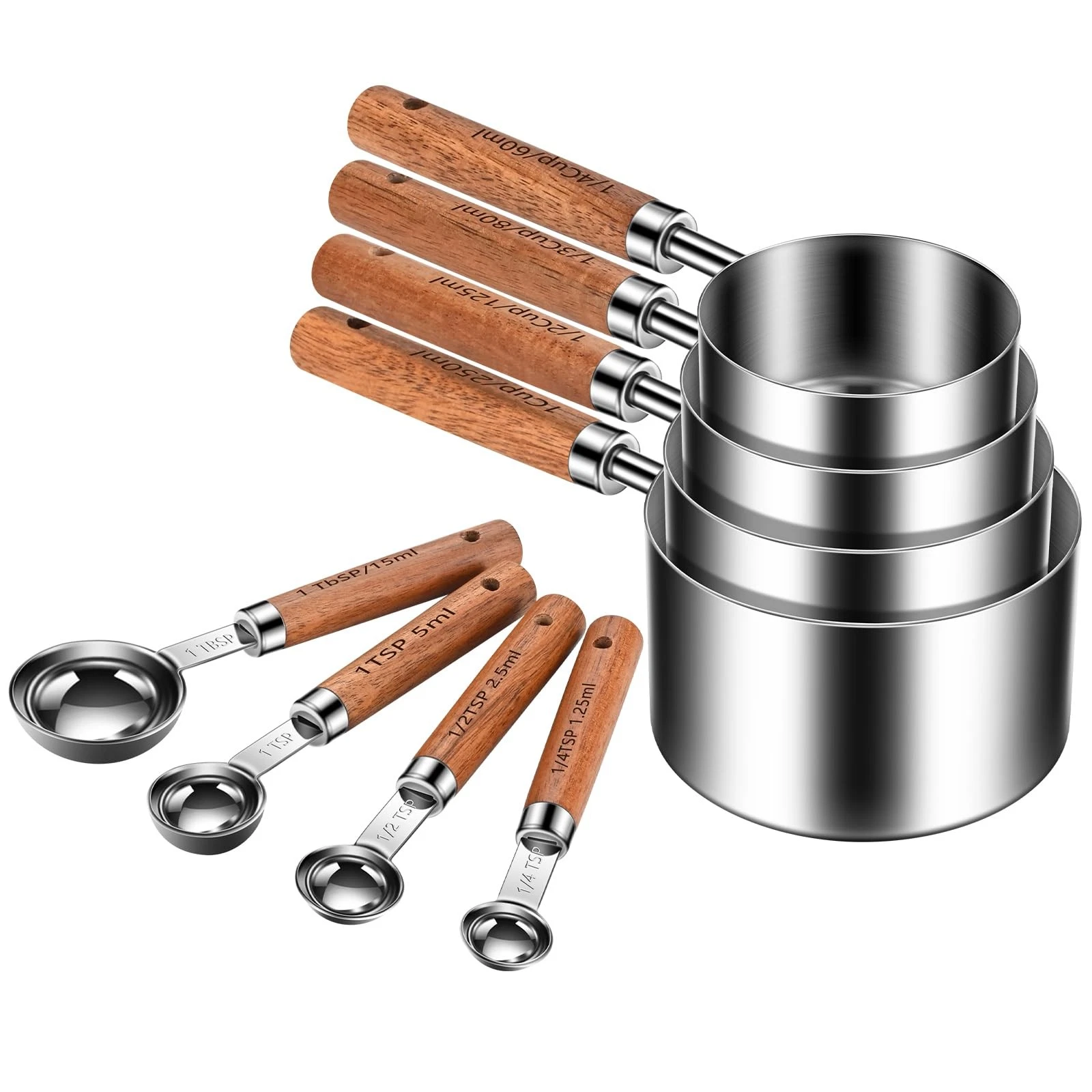 Stainless Steel Measuring Cups and Spoons Set of 8, Stackable Wooden Handle M...