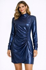 Vince Camuto $168 Blue Metallic Ruched Mockneck Sheath Mini Dress NEW NWT