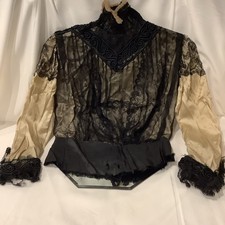Antique Victorian Womens Lace Silk Bodice Top Blouse High Collar Black Cream