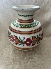 Stunning Portuguese Hand Painted Ceramic Vase Floral Folk Art Design Matt Finish