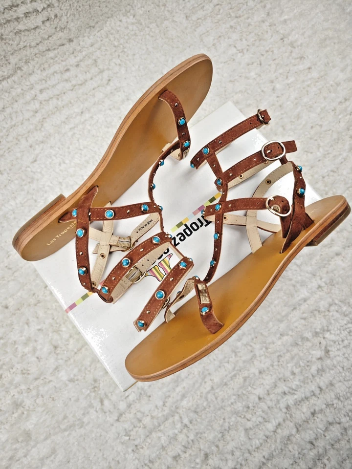 LES TROPEZIENNES – Sandales Femme Cuir Marron avec Pierres – Taille 39 - Photo 1/4