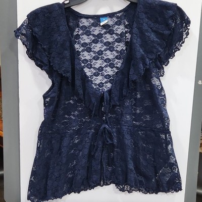 Old Navy Women's Blue Sheer Floral Lace V-Neck Tie Front Blouse Size M