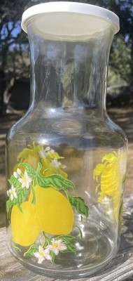 Vintage Lemonade 9  Glass Carafe Pitcher Painted Yellow Lemons Green Leaves