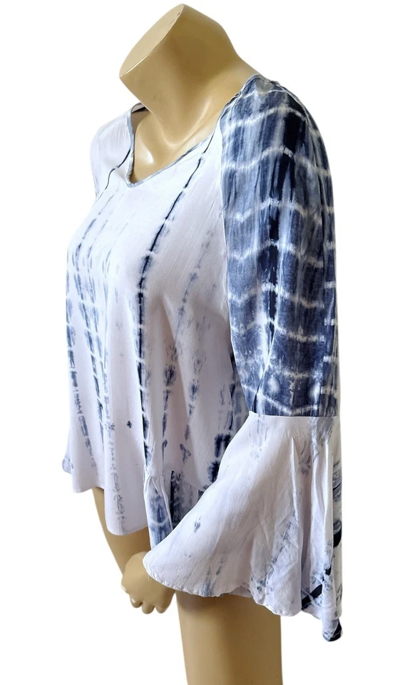 MONORENO Womens Size Medium Tie Dye Hippie Bell Sleeve V Neck Ruffled Shirt Top - Image 2 of 4