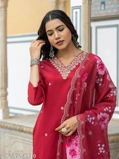 Indian Pink V Neck Embroidered Kurti Pant Dupatta Ready Made Wear Salwar Kameez